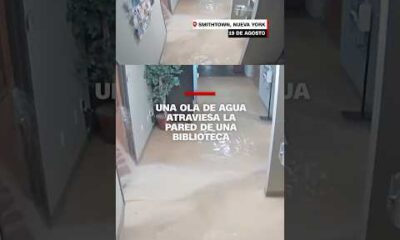 Una ola de agua atraviesa la pared de una biblioteca en Nueva York