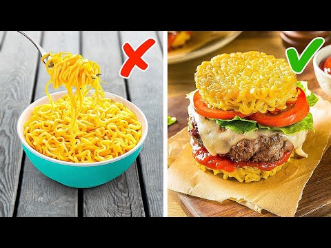 ¡Delicioso! Hamburguesa de fideos instantáneos 🍜🍔 Trucos épicos para cocinar sin complicaciones