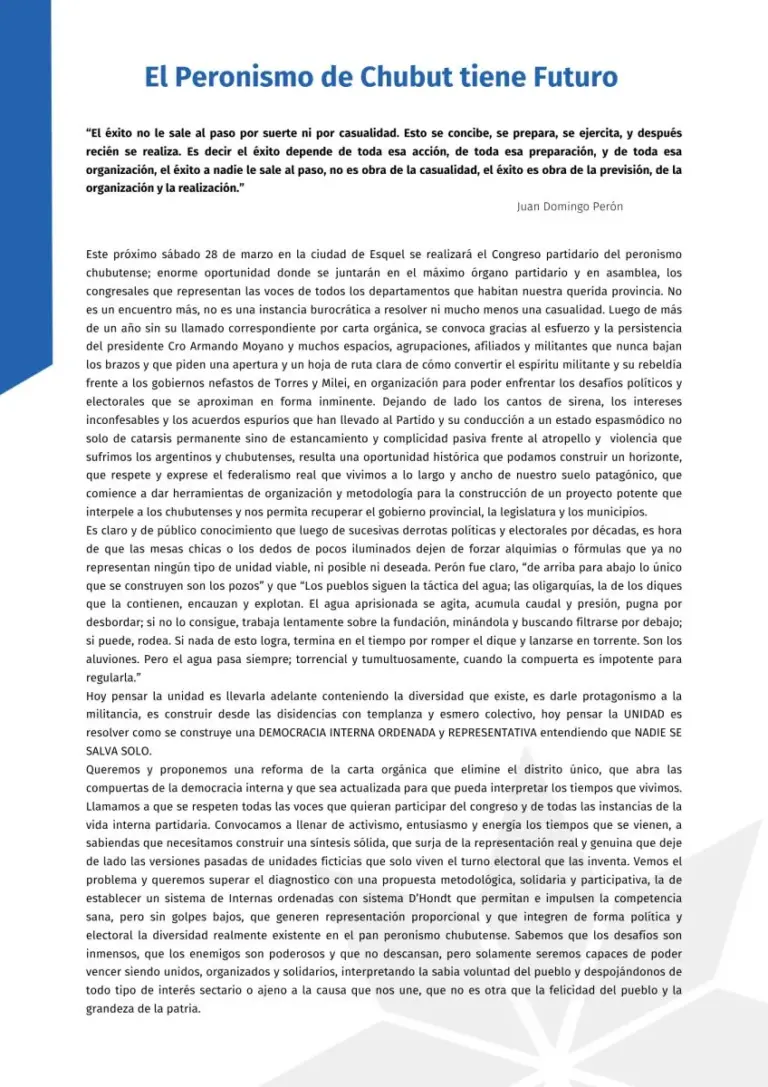 El peronismo chubutense convocó a un congreso en Esquel