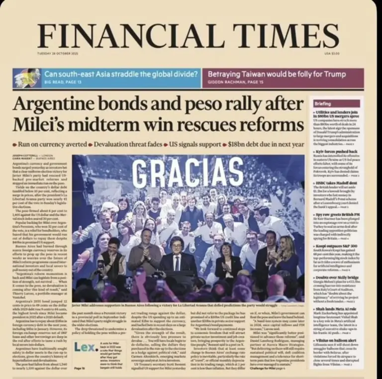 Triunfo de Milei: el Financial Times destaca la euforia en bonos y peso argentino
