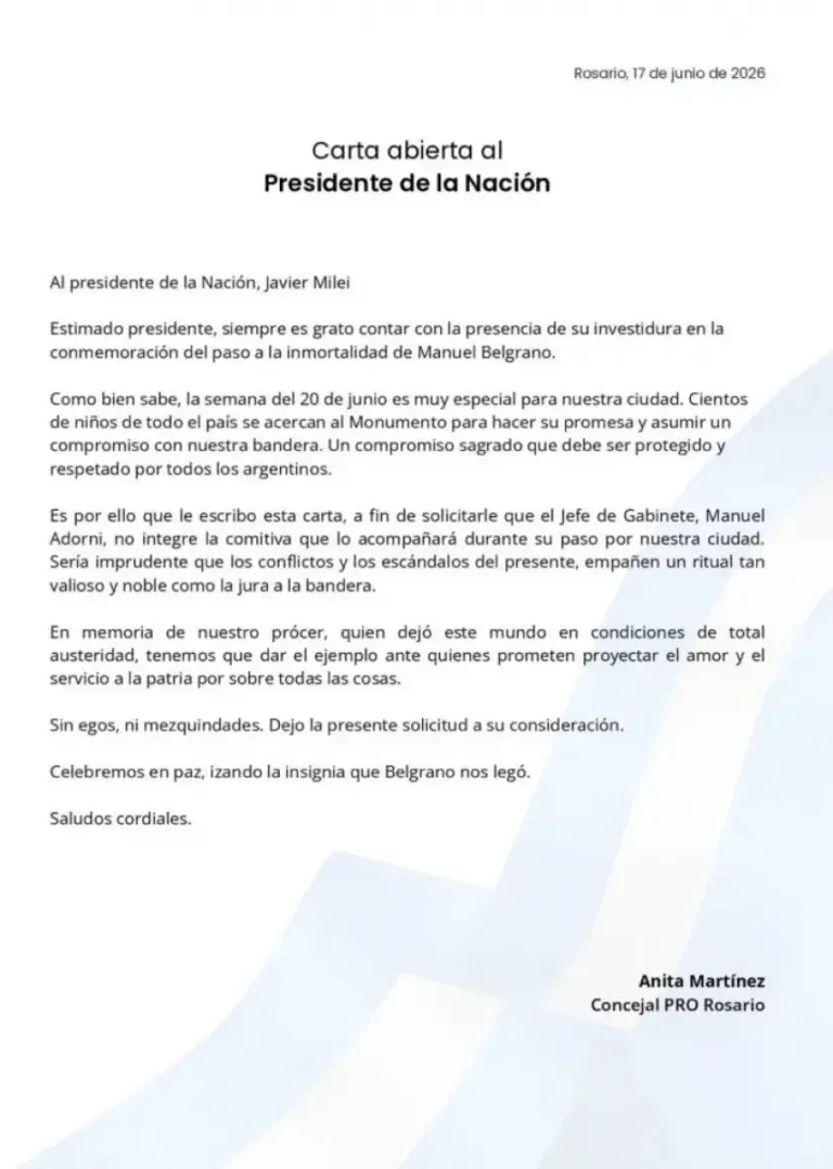 Le piden a Milei que no lleve a su jefe de Gabinete al acto del Día de la Bandera en Rosario
