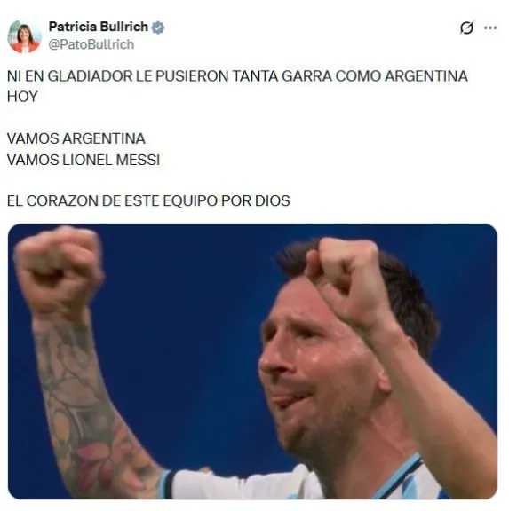 Patricia Bullrich celebró el triunfo de Argentina: "Ni en Gladiador le pusieron tanta garra"