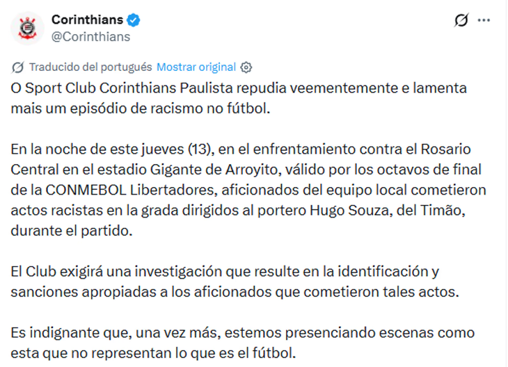 Corinthians denunció insultos racistas en Rosario y pidió sanciones a la Conmebol