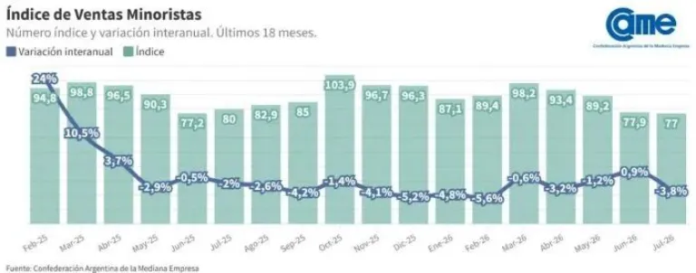 Las ventas minoristas cayeron un 3,8% durante el mes de julio